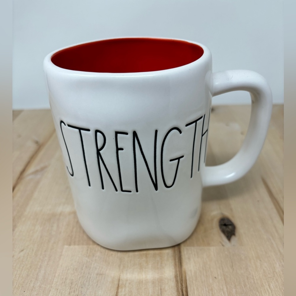 Rae Dunn STRENGTH Mug White with Red Interior and Black Lettering New